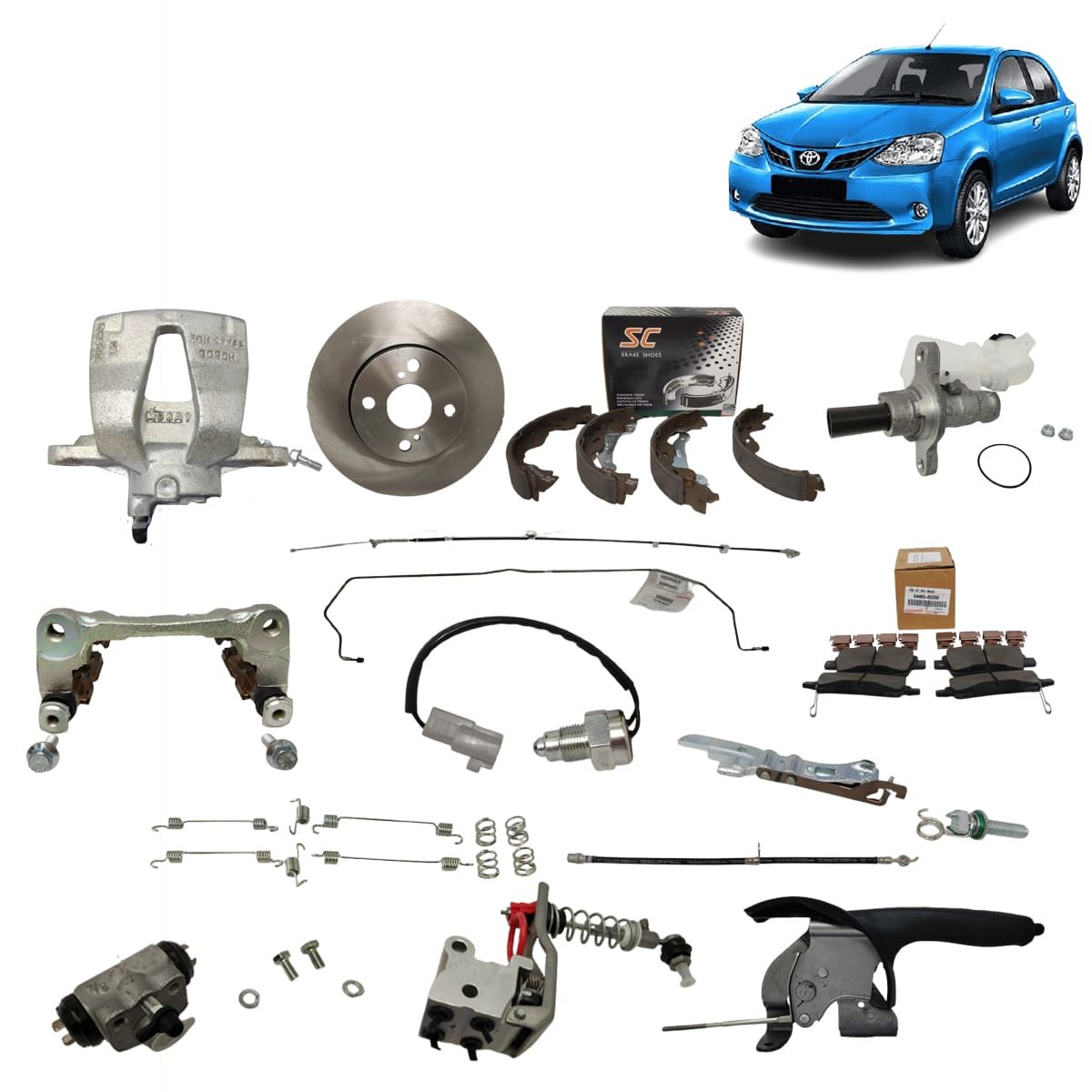 New Toyota Etios Liva Brake Parts Kit Includes Master Cylinder Brake Shoes Caliper Pads Discs Booster Cable Hose for Car Repair
